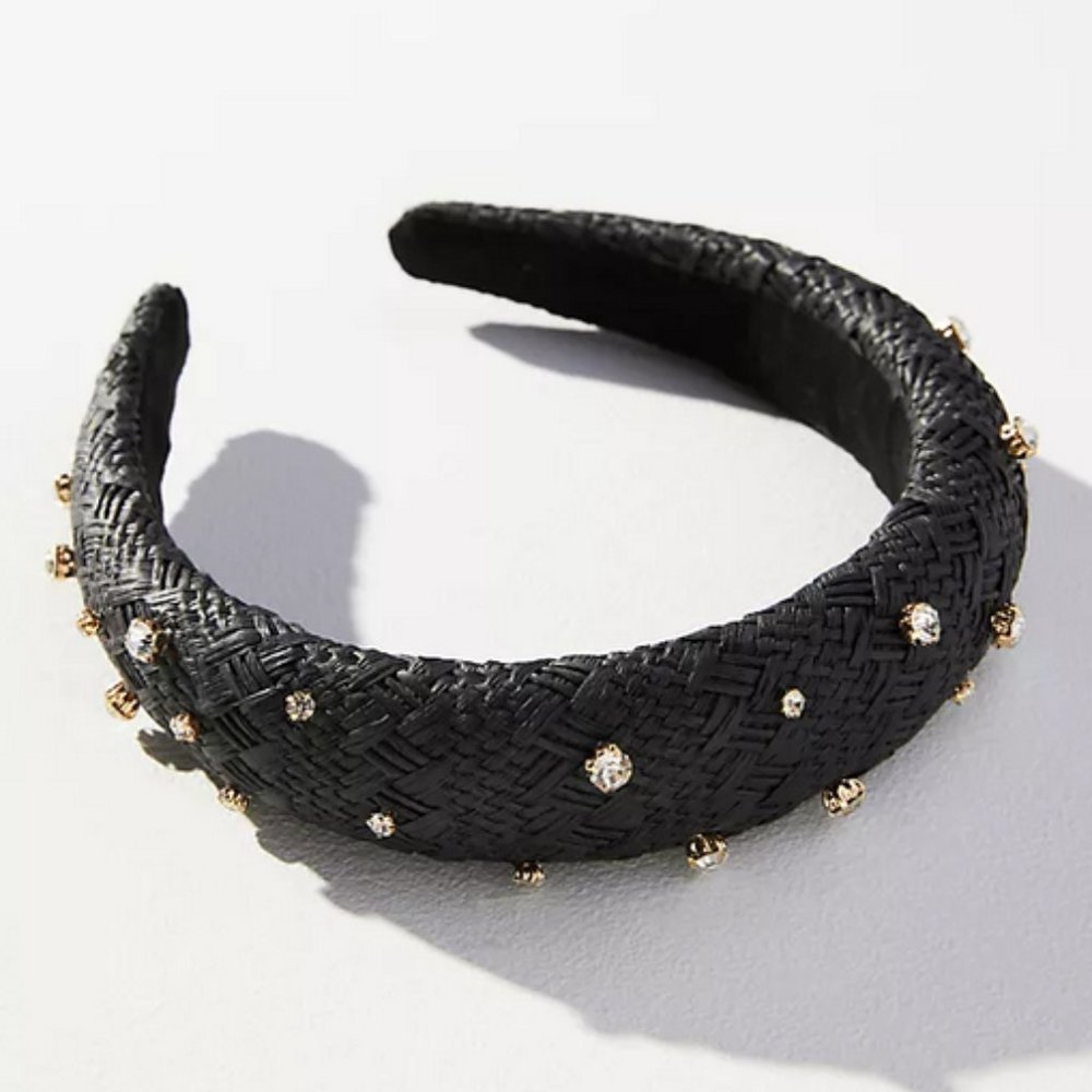 🖤 NEW Anthropologie Rattan Rhinestone Embellished Headband in Black ✨